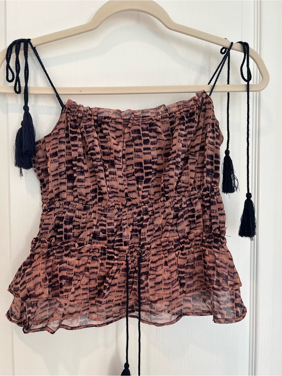 Sage Tops - SAGE the label Canyon Echoes Peplum Blouse XS Animal Print Smocked Tassel NWT
